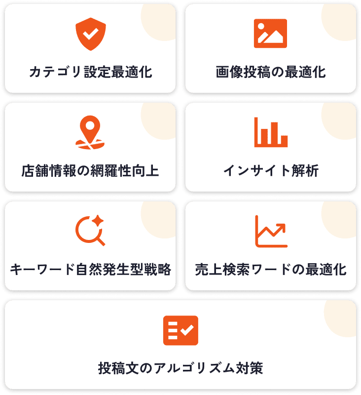 カテゴリ設定最適化・画像投稿の最適化・店舗情報の網羅性向上・インサイト解析・キーワード自然発生型戦略・売上検索ワードの最適化・投稿文のアルゴリズム対策